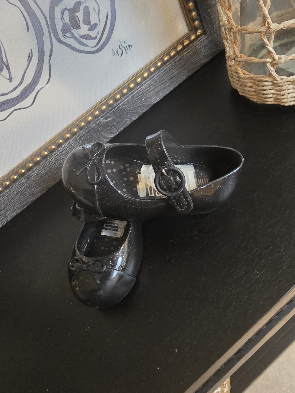 Mini Melissa Girls Black Glitter Mary Jane Dress Shoes Bow Buckle 5
